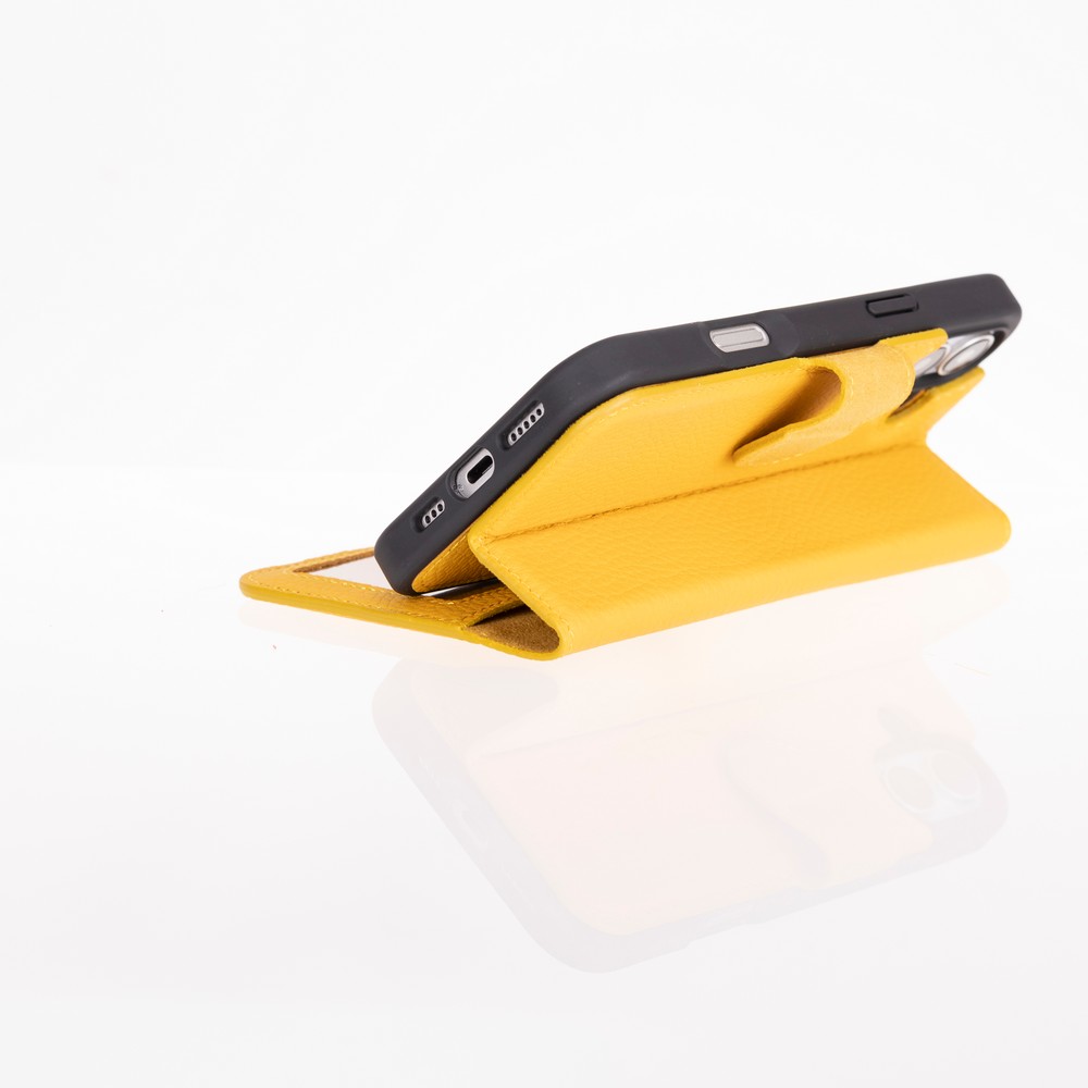 Apple İphone 16 Plus Uyumlu, Haki̇ki̇ Deri̇, El Yapımı, Cüzdanlı Kılıf, Li̇mon Sarı