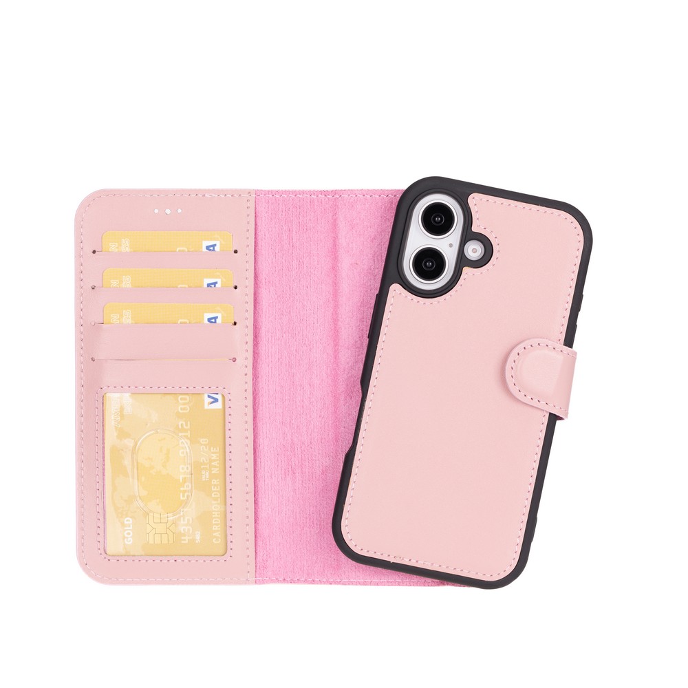 Apple İphone 16 Plus Uyumlu, Haki̇ki̇ Deri̇, El Yapımı, Cüzdanlı Kılıf, Toz Pembe