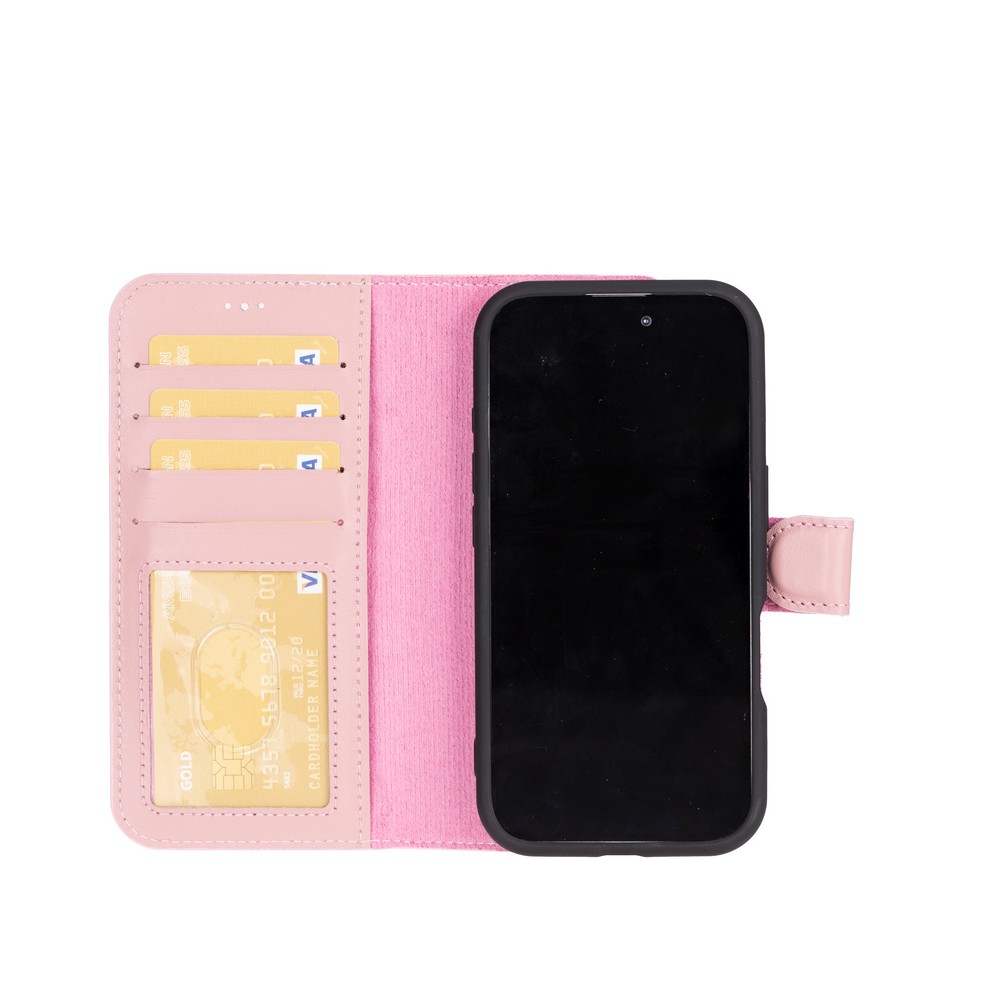 Apple İphone 16 Plus Uyumlu, Haki̇ki̇ Deri̇, El Yapımı, Cüzdanlı Kılıf, Toz Pembe