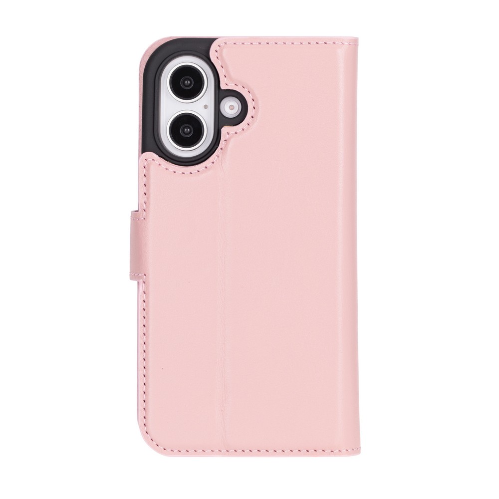 Apple İphone 16 Plus Uyumlu, Haki̇ki̇ Deri̇, El Yapımı, Cüzdanlı Kılıf, Toz Pembe