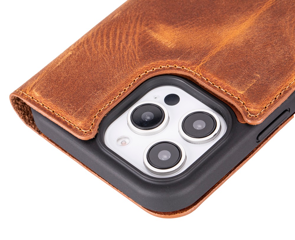Apple İphone 16 Pro Max Uyumlu, Haki̇ki̇ Deri̇, El Yapımı, Cüzdanlı Kılıf, Karamel