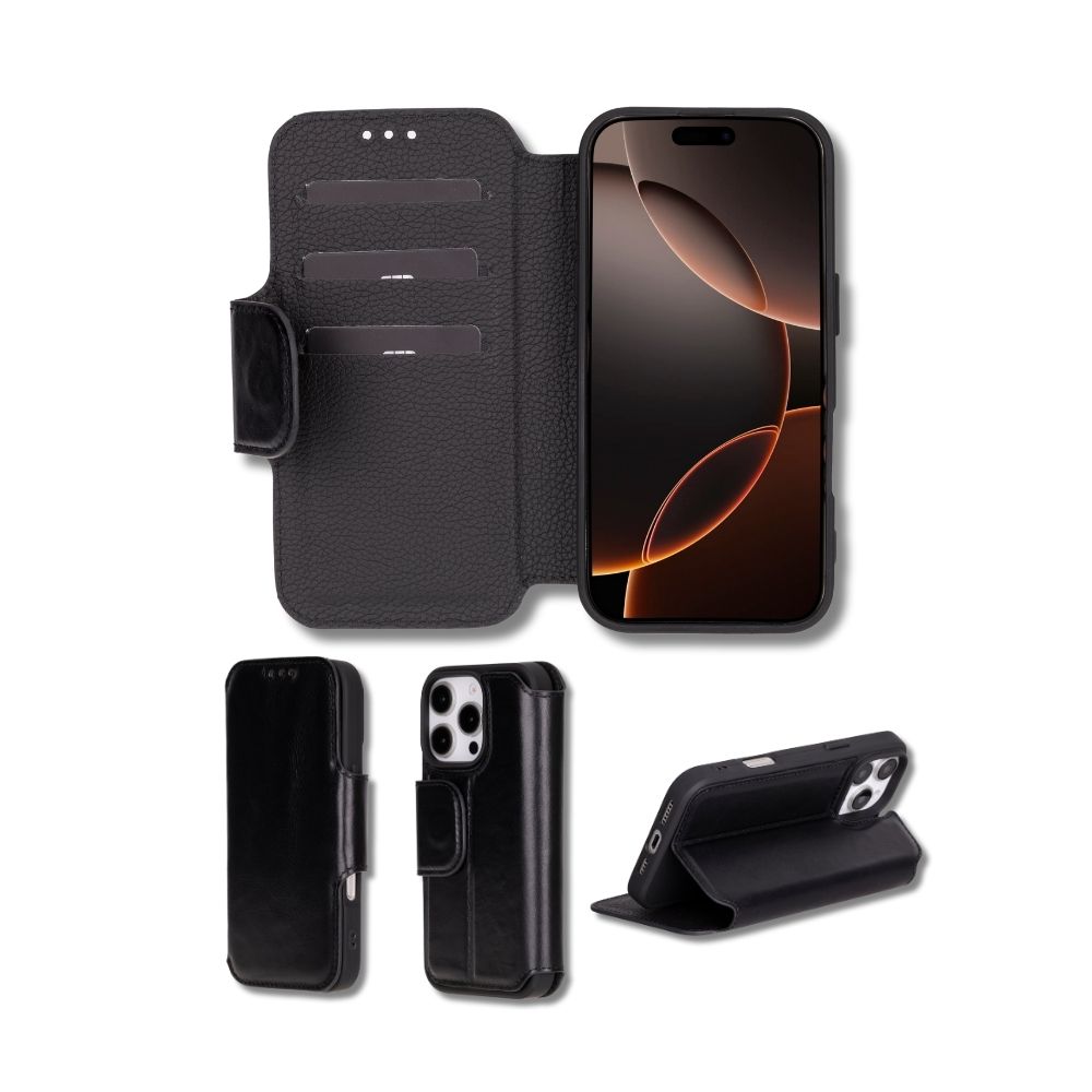 Apple İphone 16 Pro Max Uyumlu, Haki̇ki̇ Deri̇, El Yapımı, Cüzdanlı Kılıf, Parlak Si̇yah