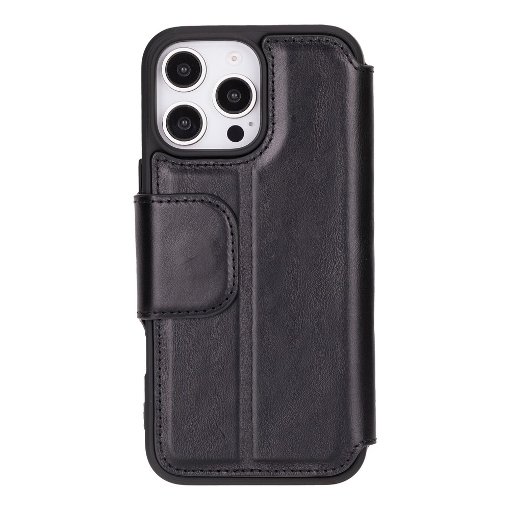 Apple İphone 16 Pro Max Uyumlu, Haki̇ki̇ Deri̇, El Yapımı, Cüzdanlı Kılıf, Parlak Si̇yah