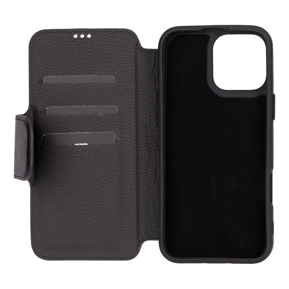 Apple İphone 16 Pro Max Uyumlu, Haki̇ki̇ Deri̇, El Yapımı, Cüzdanlı Kılıf, Parlak Si̇yah