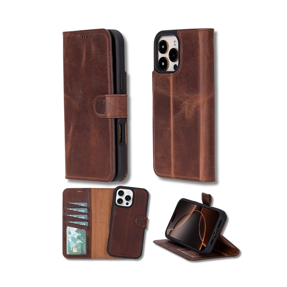 Apple İphone 16 Pro Uyumlu, Haki̇ki̇ Deri̇, El Yapımı, Cüzdanlı Kılıf, Anti̇k Kahve