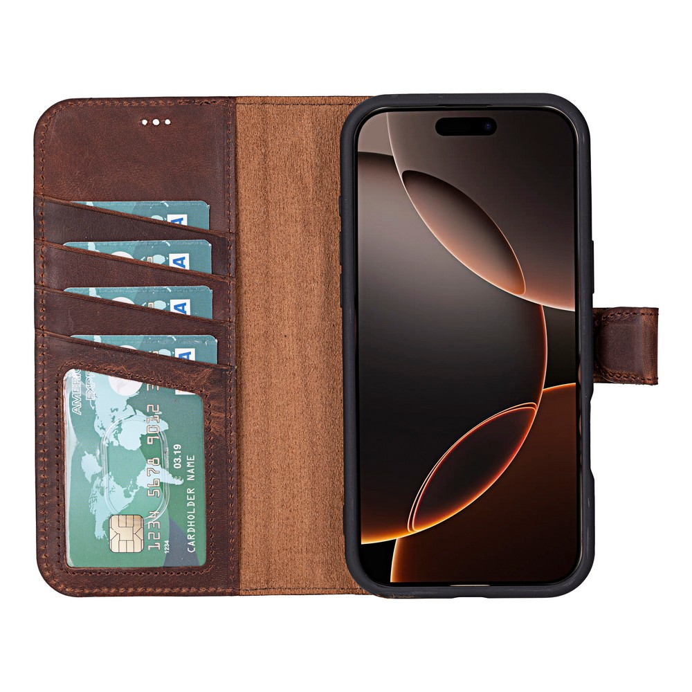 Apple İphone 16 Pro Uyumlu, Haki̇ki̇ Deri̇, El Yapımı, Cüzdanlı Kılıf, Anti̇k Kahve