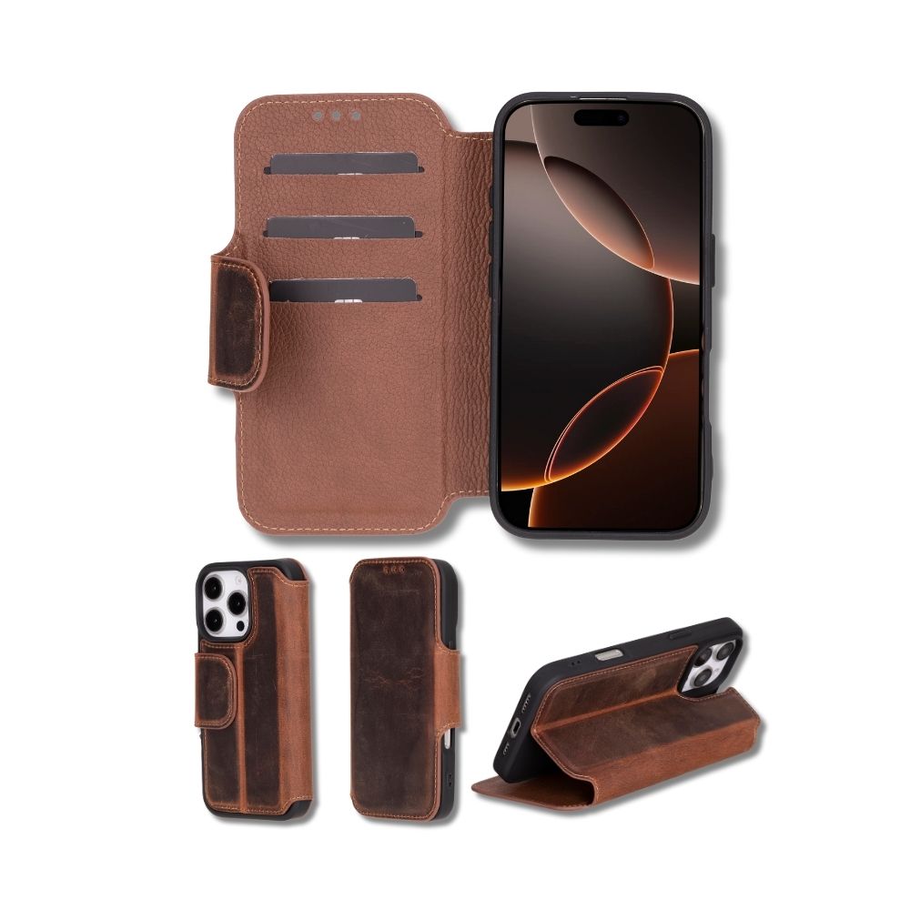 Apple İphone 16 Pro Uyumlu, Haki̇ki̇ Deri̇, El Yapımı, Cüzdanlı Kılıf, Anti̇k Kahve