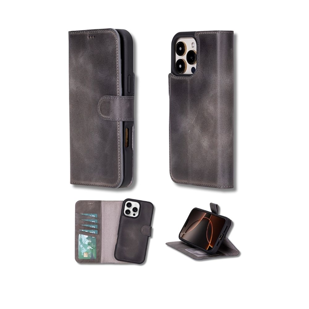 Apple İphone 16 Pro Uyumlu, Haki̇ki̇ Deri̇, El Yapımı, Cüzdanlı Kılıf, Gölgeli̇ Gri̇