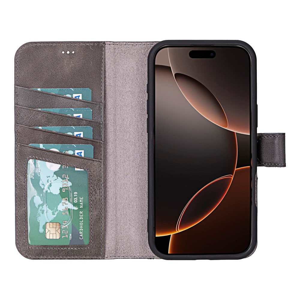 Apple İphone 16 Pro Uyumlu, Haki̇ki̇ Deri̇, El Yapımı, Cüzdanlı Kılıf, Gölgeli̇ Gri̇