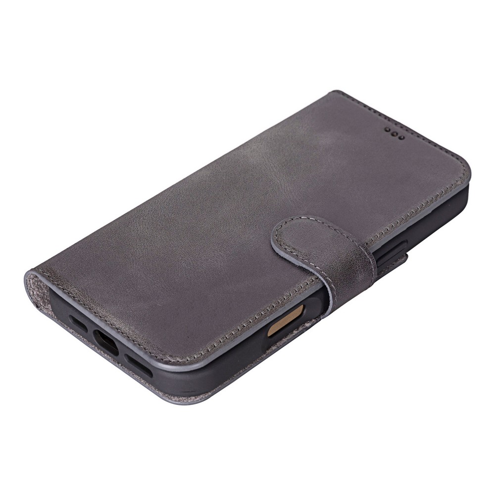 Apple İphone 16 Pro Uyumlu, Haki̇ki̇ Deri̇, El Yapımı, Cüzdanlı Kılıf, Gölgeli̇ Gri̇