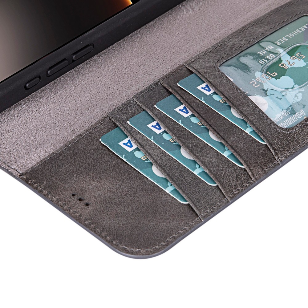 Apple İphone 16 Pro Uyumlu, Haki̇ki̇ Deri̇, El Yapımı, Cüzdanlı Kılıf, Gölgeli̇ Gri̇