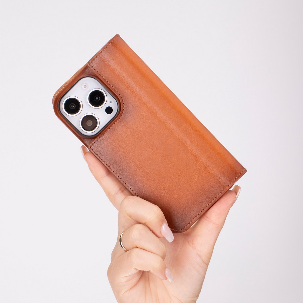 Apple İphone 16 Pro Uyumlu, Haki̇ki̇ Deri̇, El Yapımı, Cüzdanlı Kılıf, Gölgeli̇ Taba