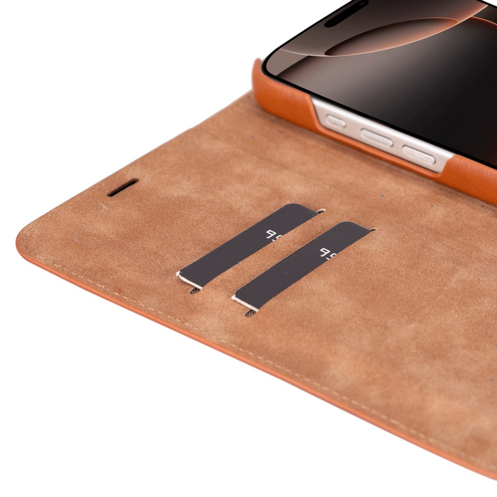 Apple İphone 16 Pro Uyumlu, Haki̇ki̇ Deri̇, El Yapımı, Cüzdanlı Kılıf, Gölgeli̇ Taba