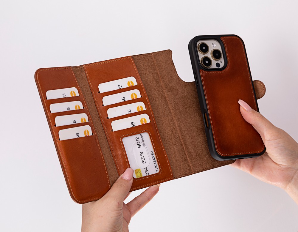 Apple İphone 16 Pro Uyumlu, Haki̇ki̇ Deri̇, El Yapımı, Cüzdanlı Kılıf, Gölgeli̇ Taba