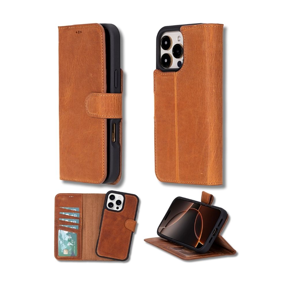 Apple İphone 16 Pro Uyumlu, Haki̇ki̇ Deri̇, El Yapımı, Cüzdanlı Kılıf, Karamel