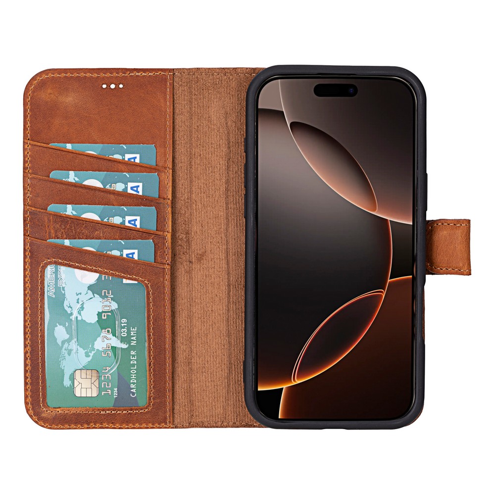 Apple İphone 16 Pro Uyumlu, Haki̇ki̇ Deri̇, El Yapımı, Cüzdanlı Kılıf, Karamel