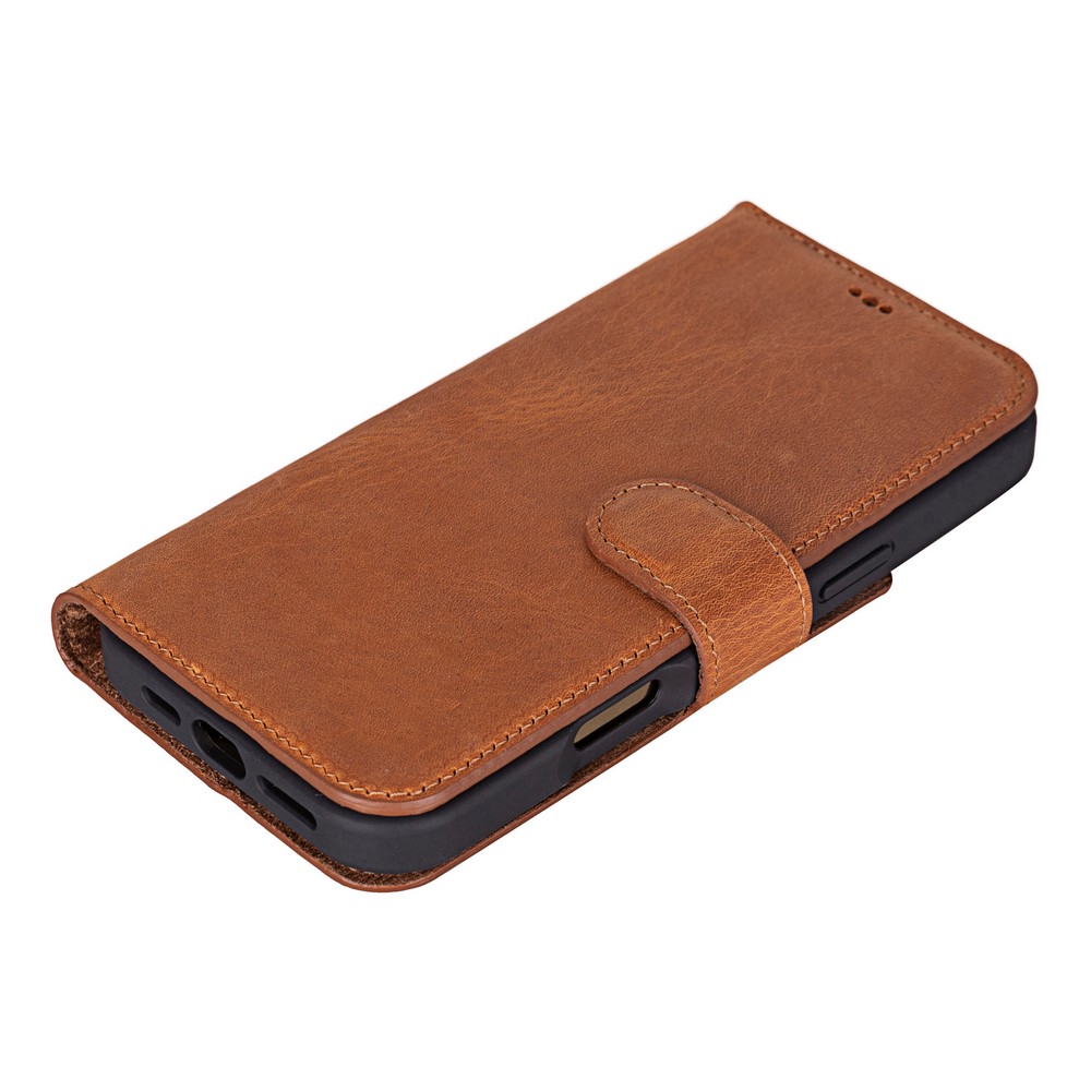 Apple İphone 16 Pro Uyumlu, Haki̇ki̇ Deri̇, El Yapımı, Cüzdanlı Kılıf, Karamel