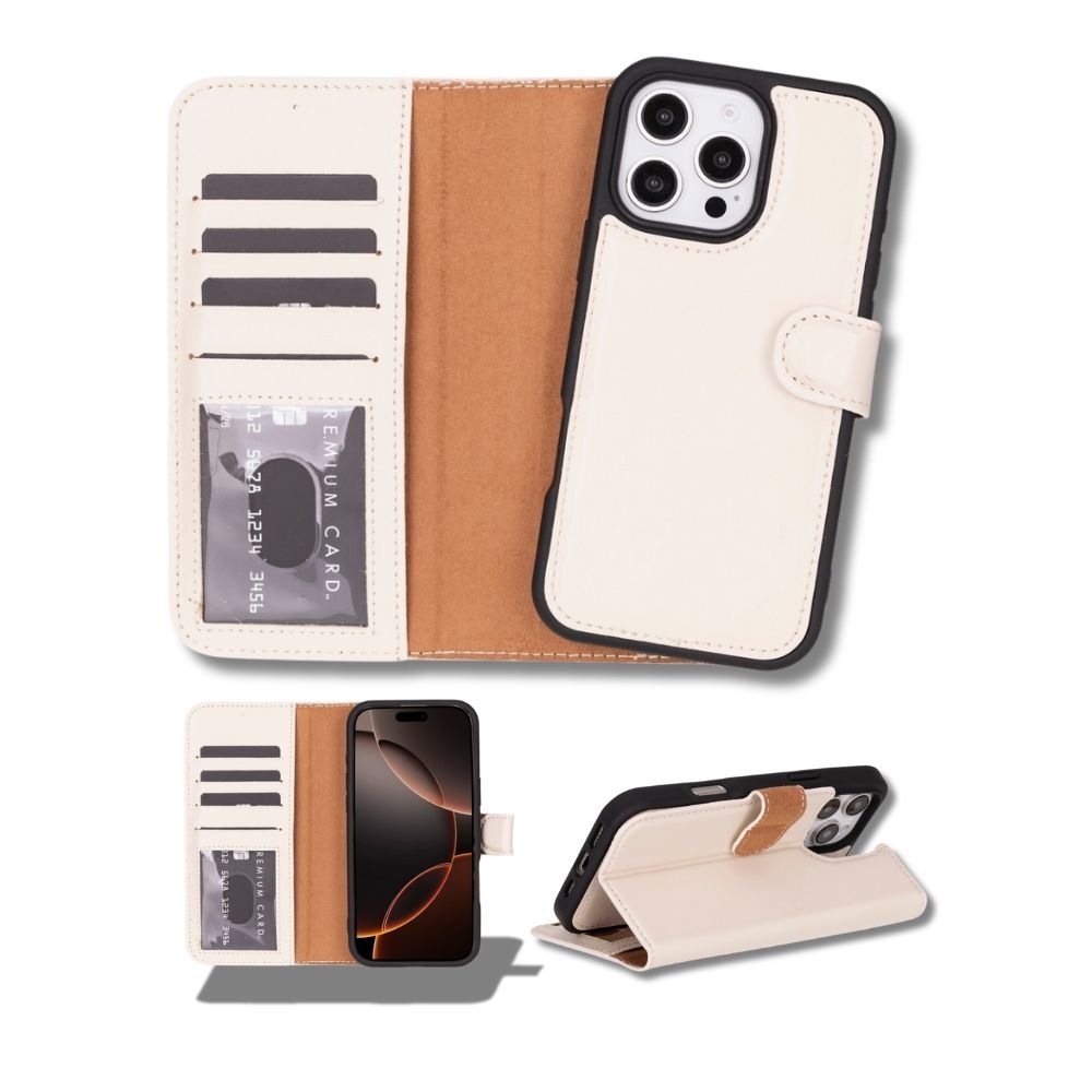 Apple İphone 16 Pro Uyumlu, Haki̇ki̇ Deri̇, El Yapımı, Cüzdanlı Kılıf, Krem Renk
