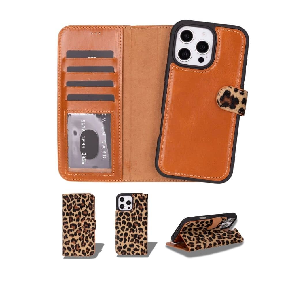 Apple İphone 16 Pro Uyumlu, Haki̇ki̇ Deri̇, El Yapımı, Cüzdanlı Kılıf, Leopar
