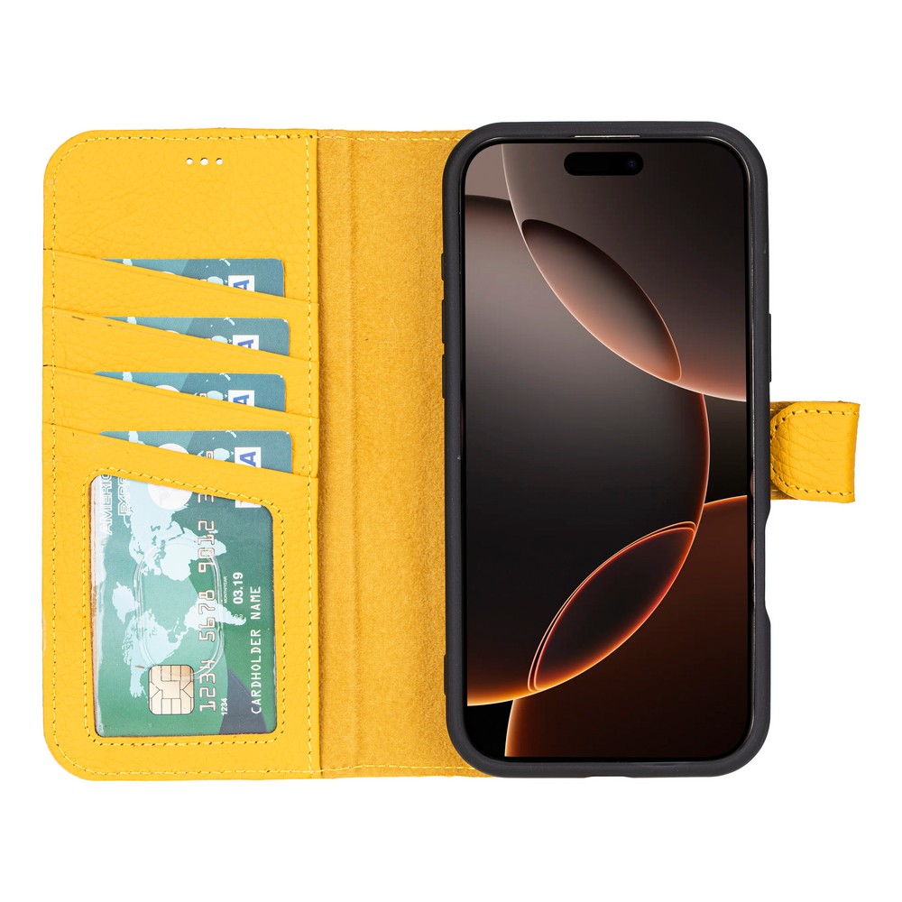 Apple İphone 16 Pro Uyumlu, Haki̇ki̇ Deri̇, El Yapımı, Cüzdanlı Kılıf, Li̇mon Sarı