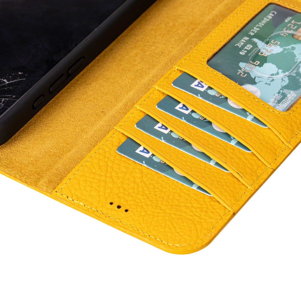 Apple İphone 16 Pro Uyumlu, Haki̇ki̇ Deri̇, El Yapımı, Cüzdanlı Kılıf, Li̇mon Sarı