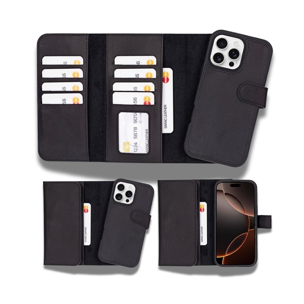 Apple İphone 16 Pro Uyumlu, Haki̇ki̇ Deri̇, El Yapımı, Cüzdanlı Kılıf, Mat Si̇yah