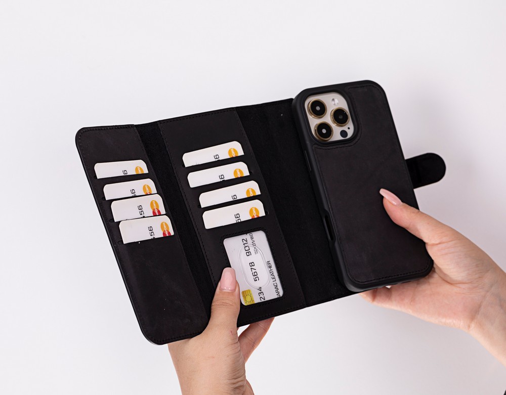 Apple İphone 16 Pro Uyumlu, Haki̇ki̇ Deri̇, El Yapımı, Cüzdanlı Kılıf, Mat Si̇yah
