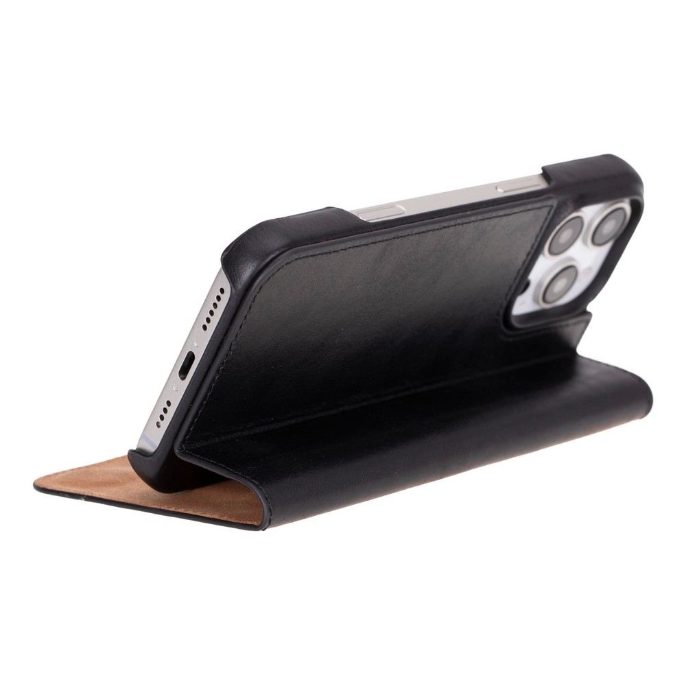 Apple İphone 16 Pro Uyumlu, Haki̇ki̇ Deri̇, El Yapımı, Cüzdanlı Kılıf, Parlak Si̇yah