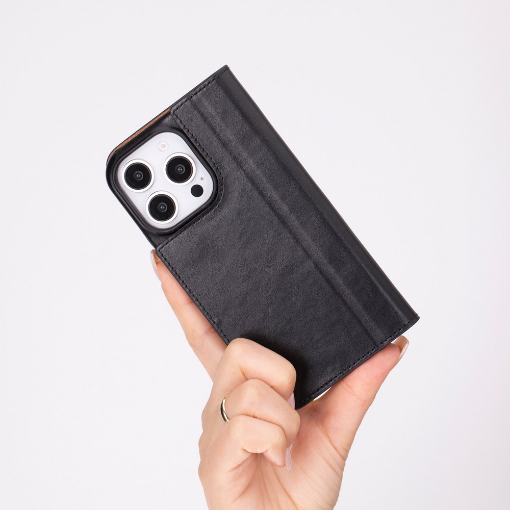 Apple İphone 16 Pro Uyumlu, Haki̇ki̇ Deri̇, El Yapımı, Cüzdanlı Kılıf, Parlak Si̇yah