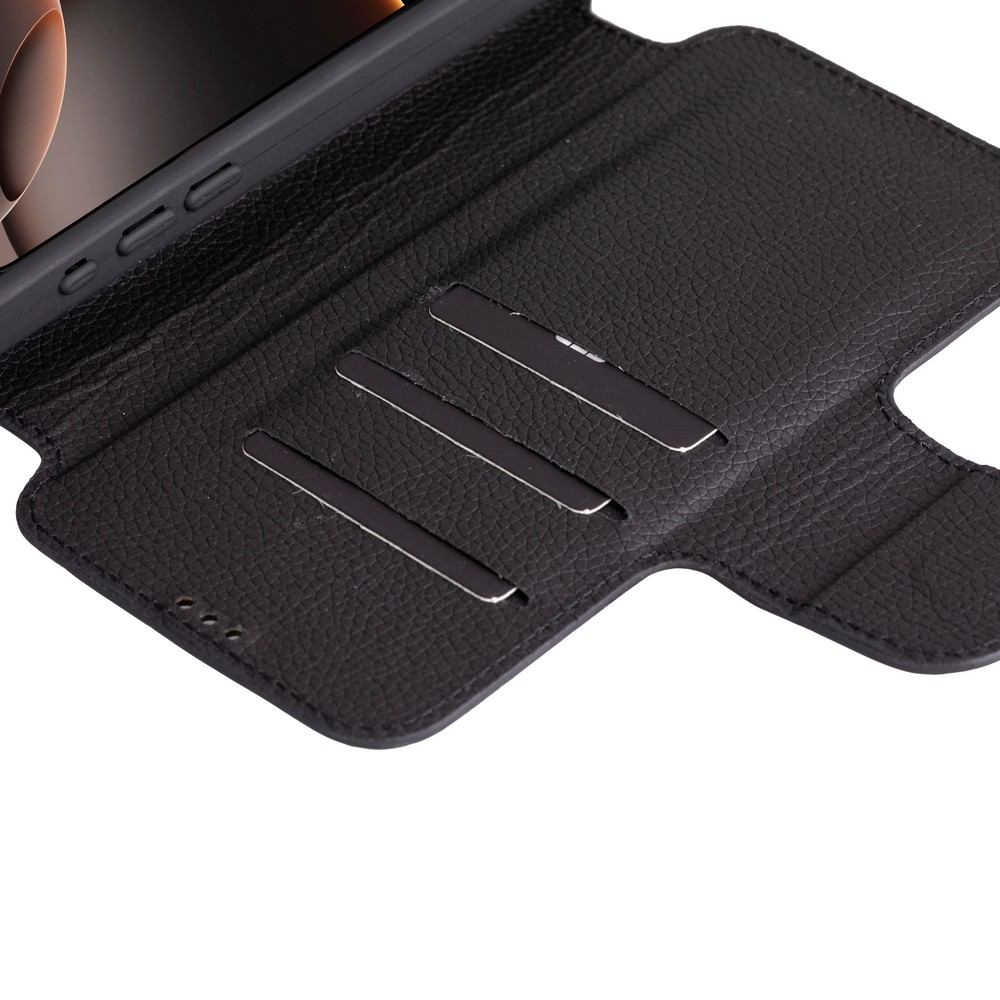 Apple İphone 16 Pro Uyumlu, Haki̇ki̇ Deri̇, El Yapımı, Cüzdanlı Kılıf, Parlak Si̇yah