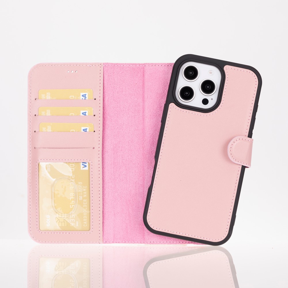 Apple İphone 16 Pro Uyumlu, Haki̇ki̇ Deri̇, El Yapımı, Cüzdanlı Kılıf, Toz Pembe