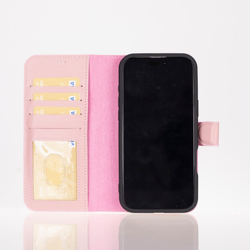 Apple İphone 16 Pro Uyumlu, Haki̇ki̇ Deri̇, El Yapımı, Cüzdanlı Kılıf, Toz Pembe