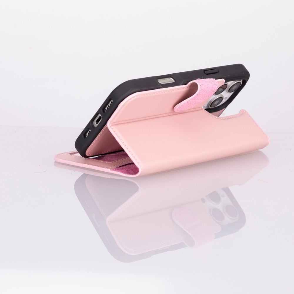 Apple İphone 16 Pro Uyumlu, Haki̇ki̇ Deri̇, El Yapımı, Cüzdanlı Kılıf, Toz Pembe