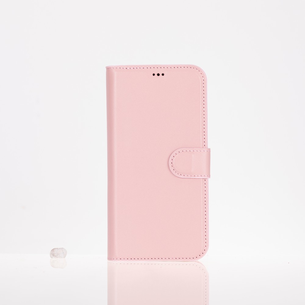 Apple İphone 16 Pro Uyumlu, Haki̇ki̇ Deri̇, El Yapımı, Cüzdanlı Kılıf, Toz Pembe