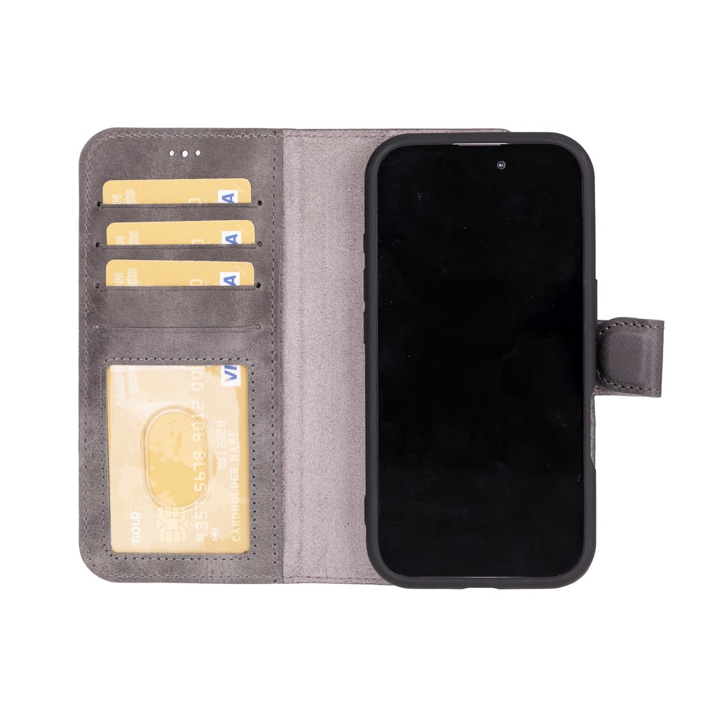 Apple İphone 16 Uyumlu, Haki̇ki̇ Deri̇, El Yapımı, Cüzdanlı Kılıf, Gölgeli̇ Gri̇