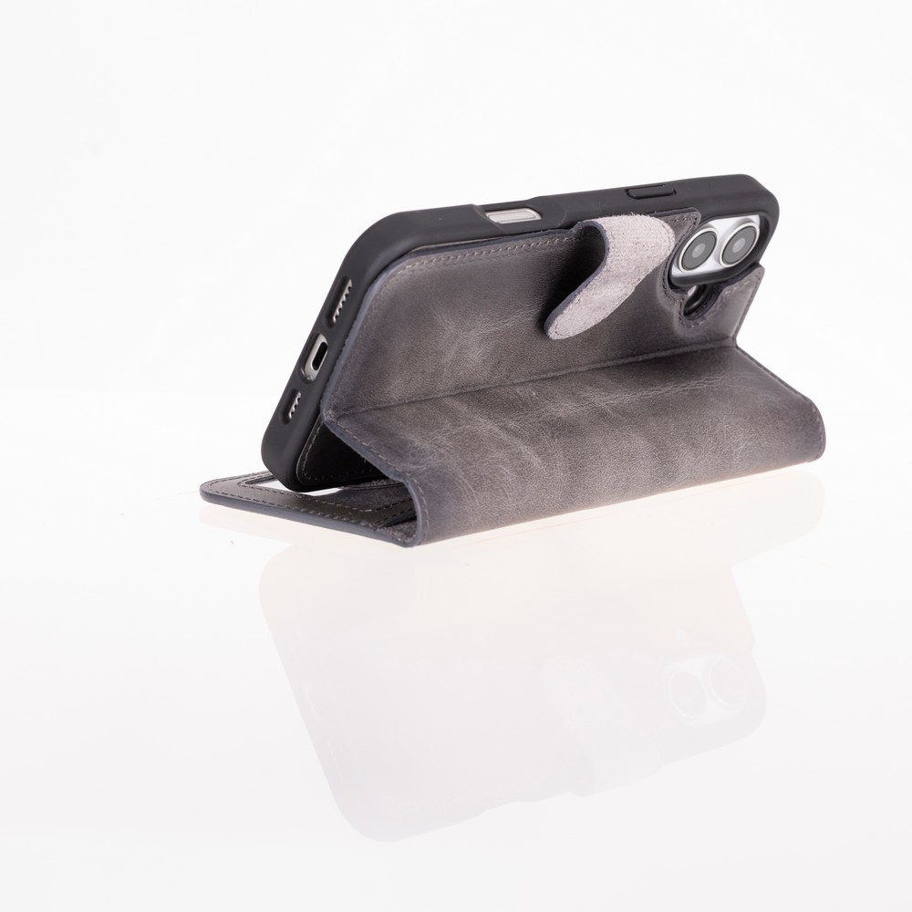 Apple İphone 16 Uyumlu, Haki̇ki̇ Deri̇, El Yapımı, Cüzdanlı Kılıf, Gölgeli̇ Gri̇