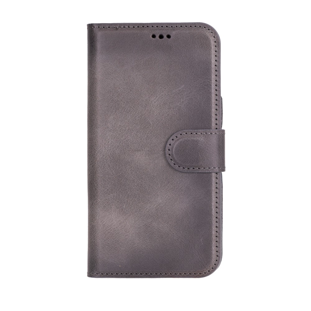 Apple İphone 16 Uyumlu, Haki̇ki̇ Deri̇, El Yapımı, Cüzdanlı Kılıf, Gölgeli̇ Gri̇