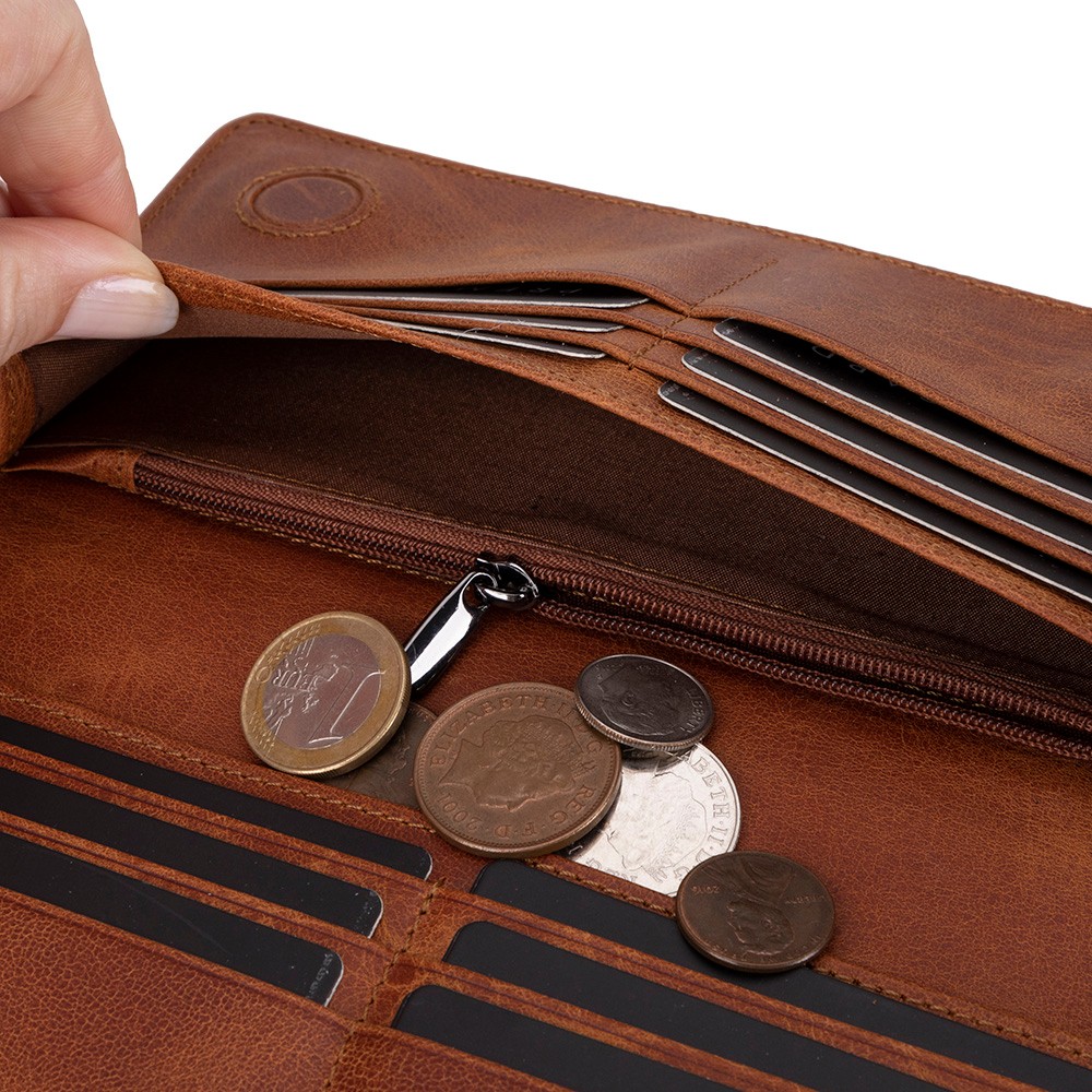 Aura Haki̇ki̇ Deri̇, El Yapımı, Telefon Bölmeli̇, Kadın Cüzdanı, Açık Kahve