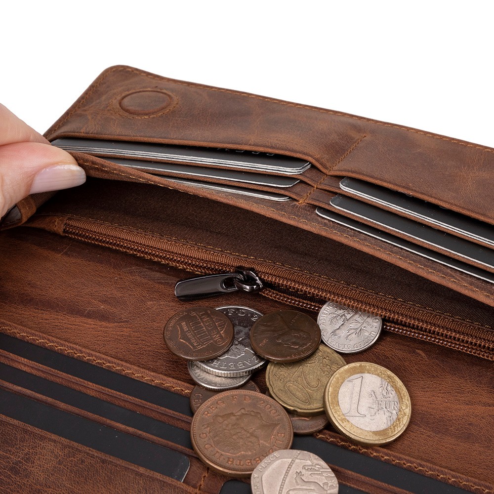 Aura Haki̇ki̇ Deri̇, El Yapımı, Telefon Bölmeli̇, Kadın Cüzdanı, Anti̇k Kahve