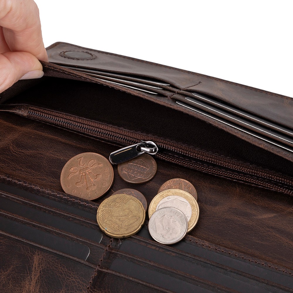 Aura Haki̇ki̇ Deri̇, El Yapımı, Telefon Bölmeli̇, Kadın Cüzdanı, Koyu Kahve