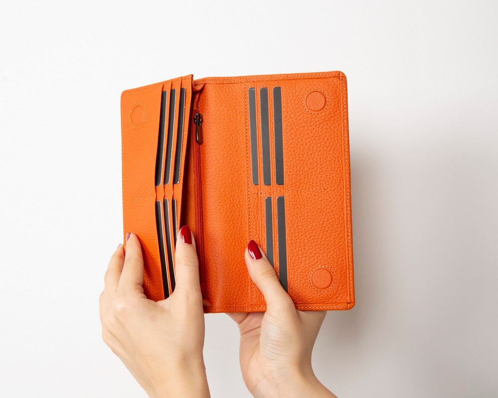 Aura Haki̇ki̇ Deri̇, El Yapımı, Telefon Bölmeli̇, Kadın Cüzdanı, Portakal Renk