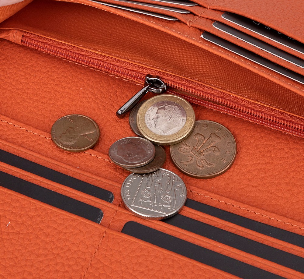 Aura Haki̇ki̇ Deri̇, El Yapımı, Telefon Bölmeli̇, Kadın Cüzdanı, Portakal Renk