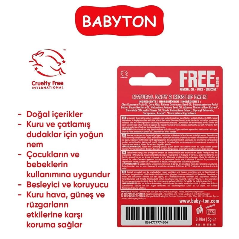 Babyton Bebek Ve Çocuklar İçi̇n Doğal Dudak Koruyucu Balm Çi̇lek