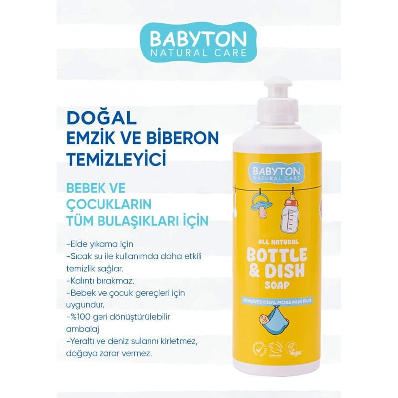 Babyton Doğal Emzi̇k Ve Bi̇beron Temi̇zleyi̇ci̇si̇ Bi̇tki̇sel Elde Bulaşık Sabunu 500 Ml
