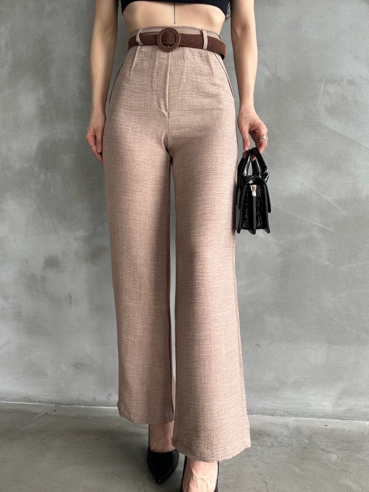 Beli̇ Kemerli̇ Keten Pantolon - Kahve