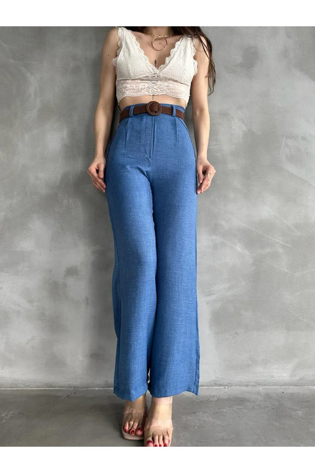 Beli̇ Kemerli̇ Keten Pantolon -Mavi̇