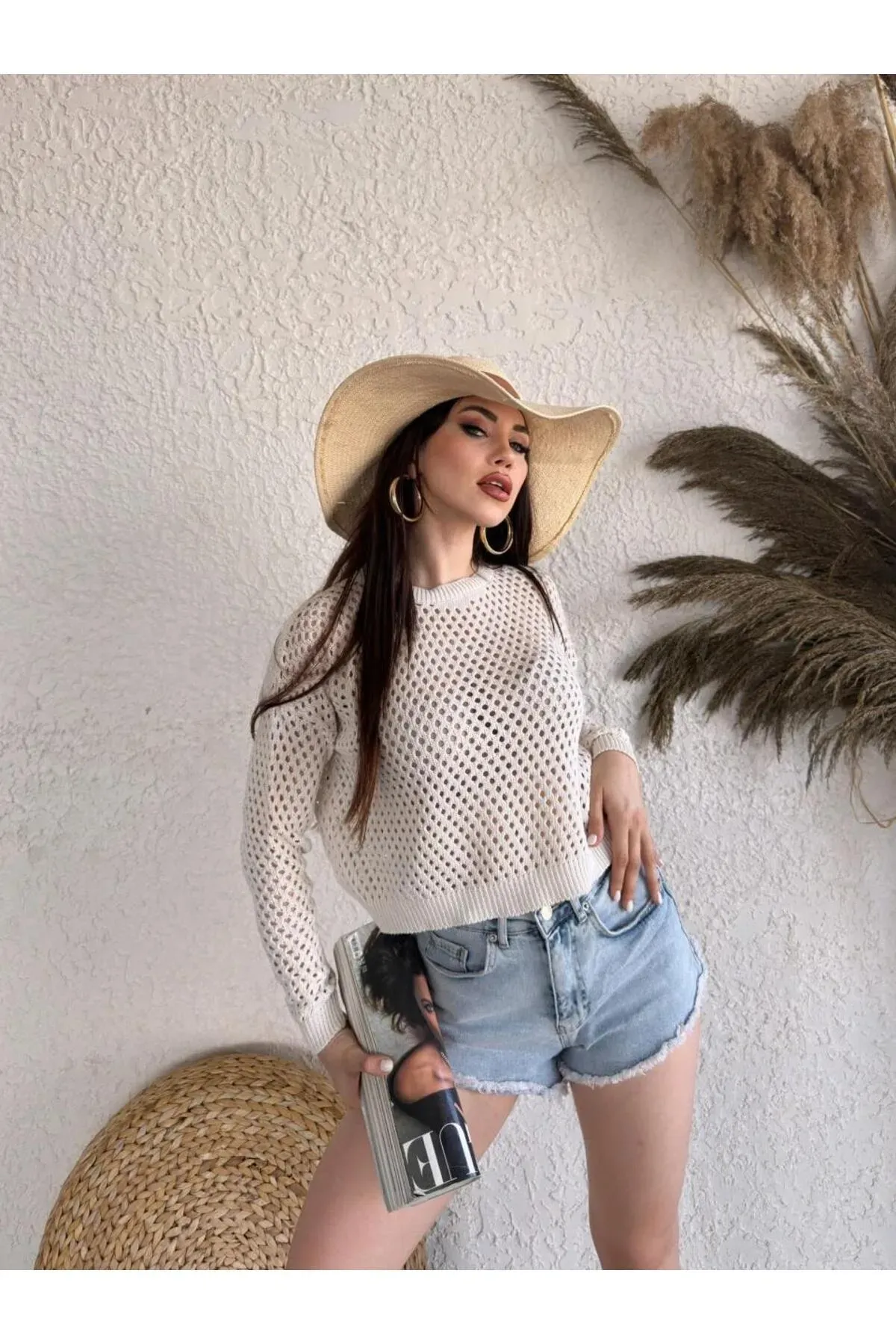 Bi̇si̇klet Yaka Tri̇ko Delıklı Kazak - Krem