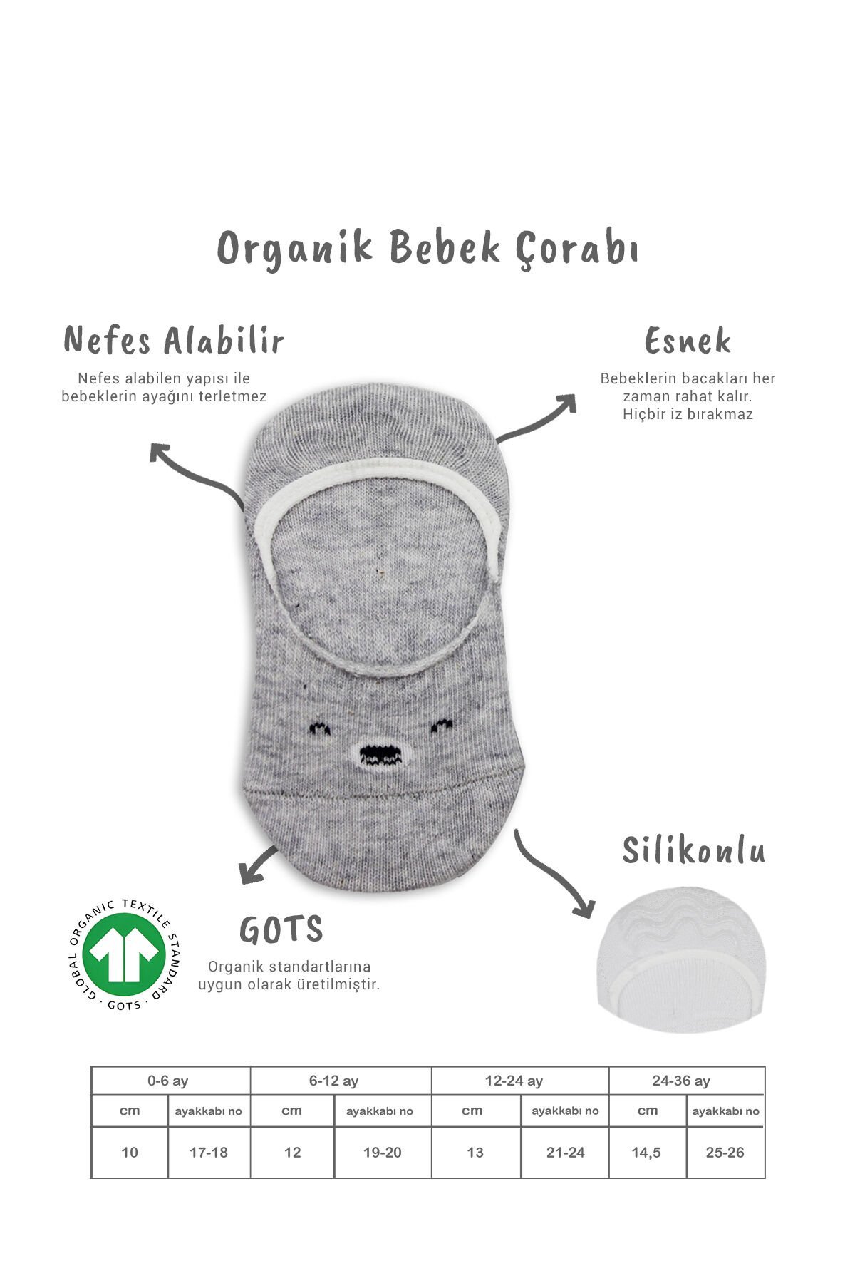 Bi̇style 2 Li̇ Babet Cute Face Penye Çorap 30103 Gri̇ Beyaz