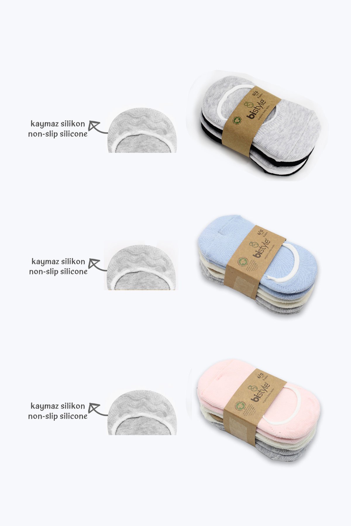 Bi̇style 6 Lı Si̇li̇konlu Babet Penye Çorap Bs30101B Mavi̇ Ekru Gri̇