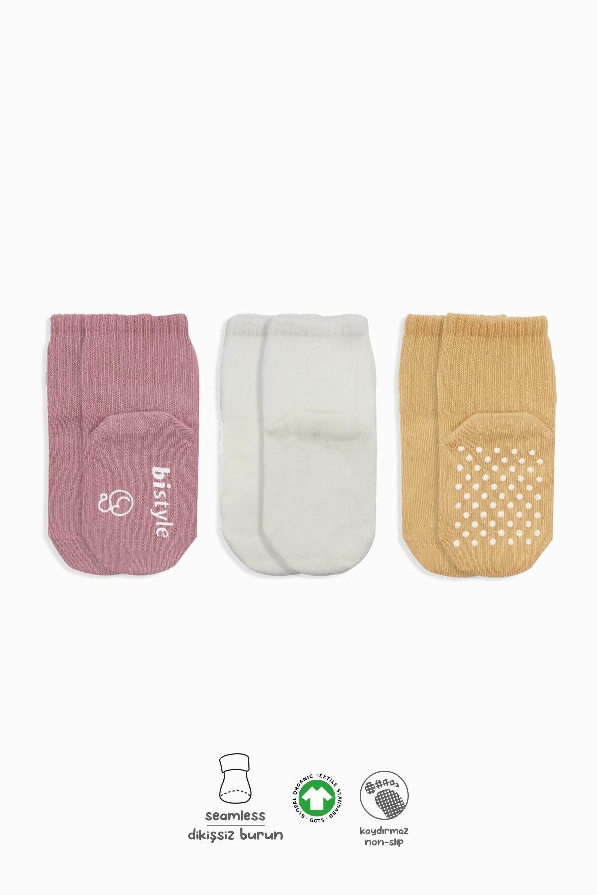 Bi̇style Basi̇c Kaymaz Penye Soket Çorap 3 Lü Bs10107 Pudra Ekru Somon